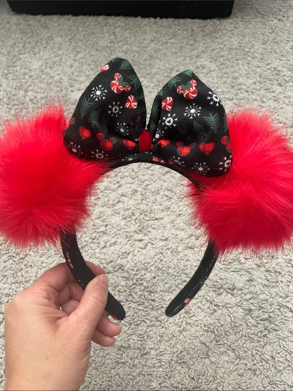 Disney Christmas Red Pom Pom Minnie Ear with Black Holiday Bow